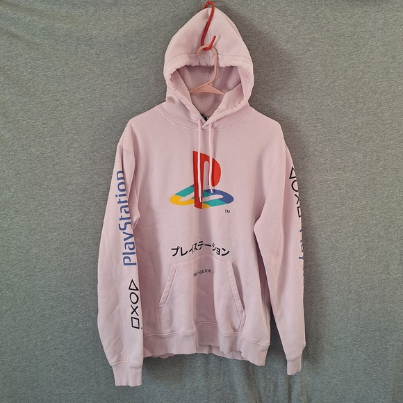 Divided Sony PlayStation Japanese Logo Kangaroo Hoodie Pastel Pink Men's Medium - Picture 1 of 12